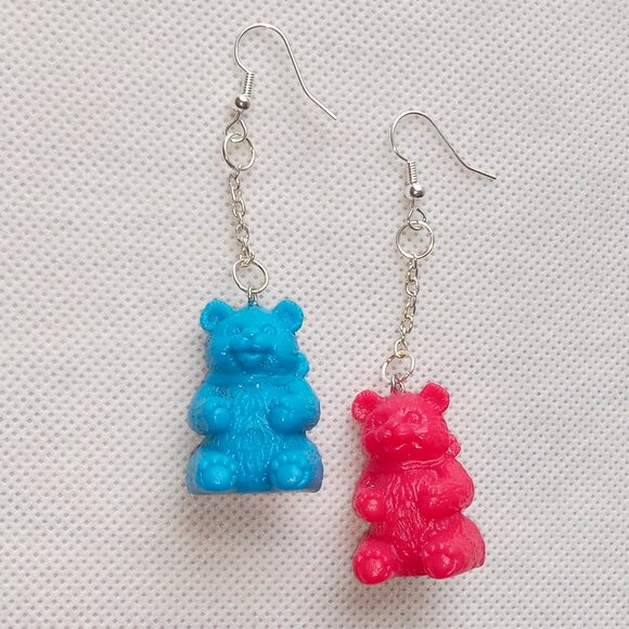 Fun Weird Earrings, Blue & Red Teddy Bear Earrings, Wild, Funky, One of a Kind - Picture 4 of 7